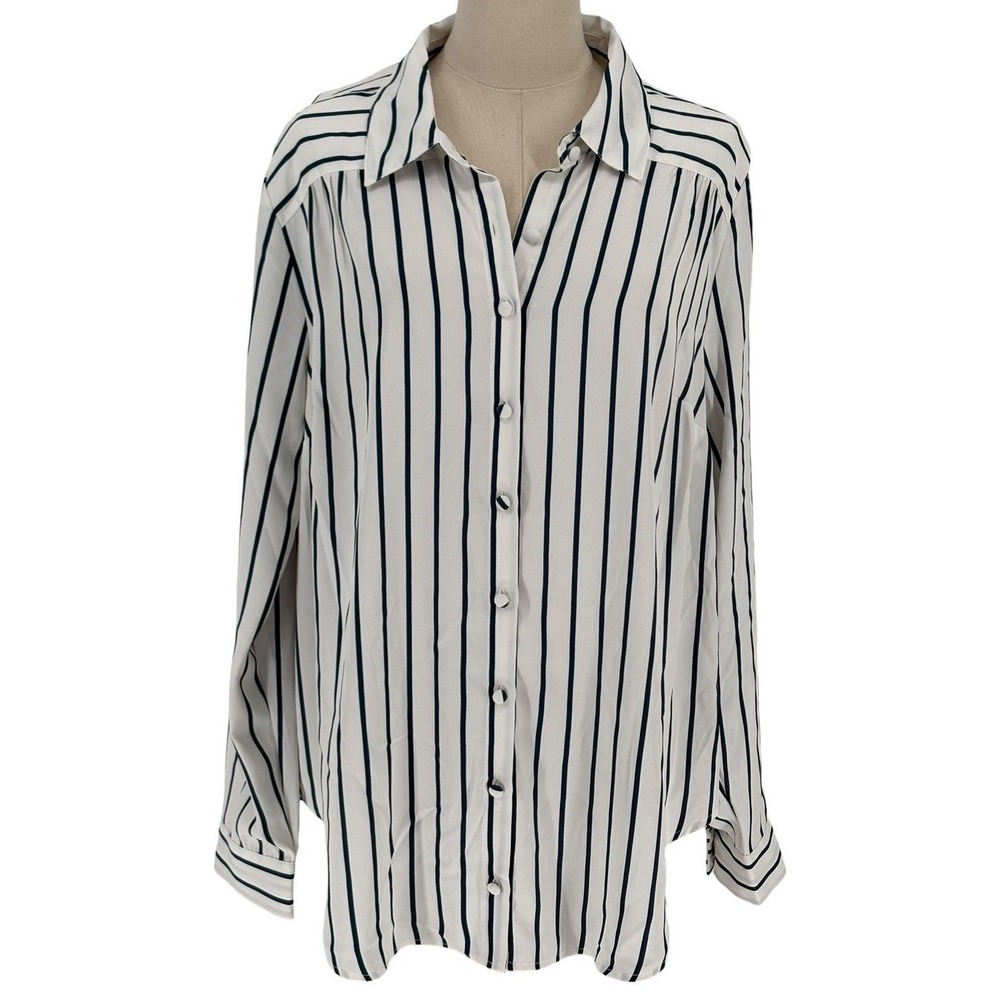 Torrid Button Up Blouse White Teal Vertical Stripe Long Sleeve 1